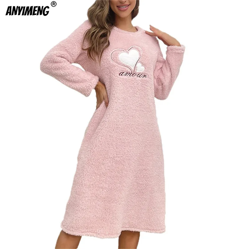 Winter Heart Print Flannel Nightgown for Women Long Sleeves Nightgowns Round Collar Woman Sleepshirt Pink Pajama Dress