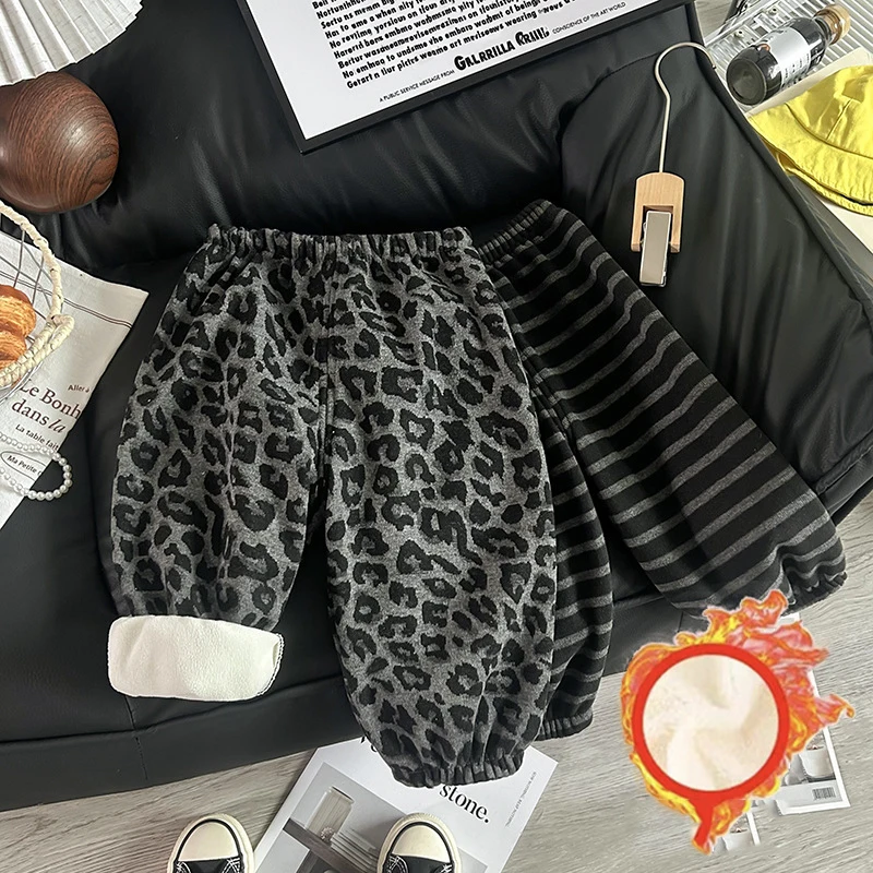 

Брюки для маленьких девочек, новые зимние детские брюки с леопардовым принтом для маленьких девочек, повседневные утепленные детские штаны для мальчиков
