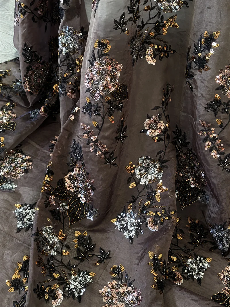 High-end pearl tube chip floral embroidery organza fabric,for women's clothing, dresses,fashion,DIY sewing embroidery fabric