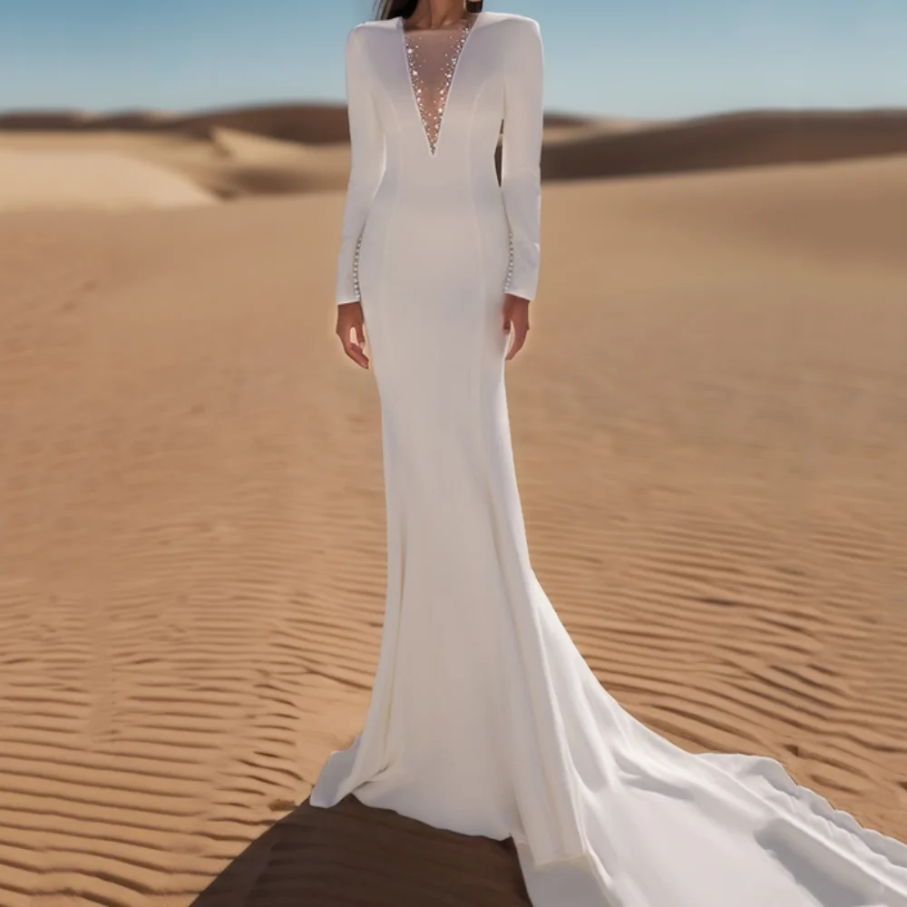 

Customized Elegant Wedding Dresses Mermaid Deep V Neck Bride Dress Long Sleeves Sequined Bridal Gown Vestido De Novia