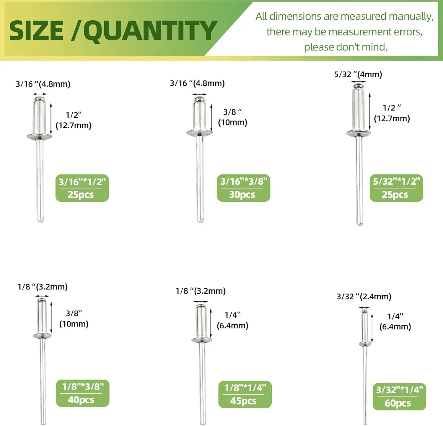 226Pcs Heavy Duty Rivet Kit with 6 Sizes Blind Rivets, M2.4-M4.8 Silver, Hand Rivet Gun for Furniture & Metal Work