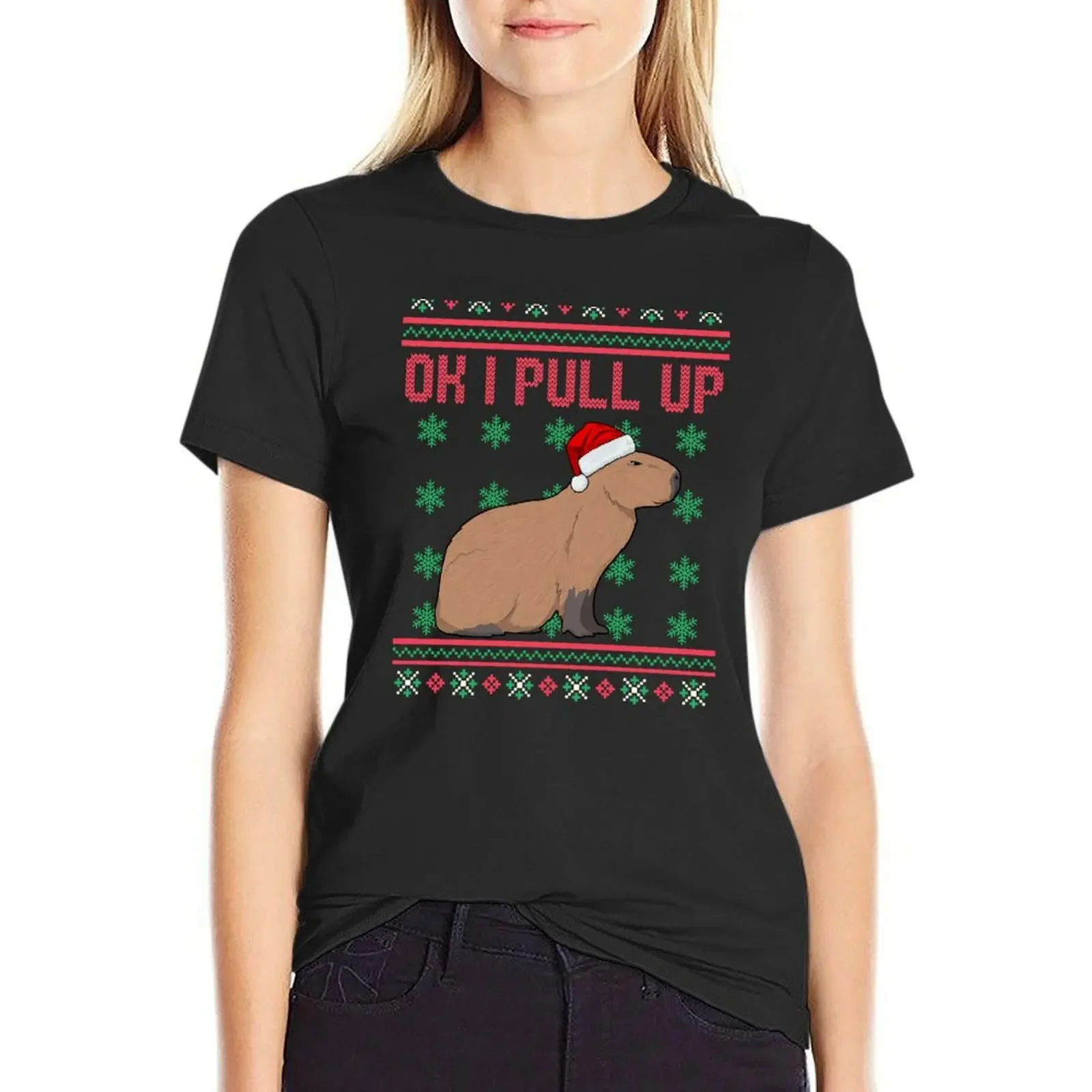 

Ok I Pull Up Capybara Ugly Christmas Sweater Trending Meme T-Shirt summer tops funnys korean Women's clothes