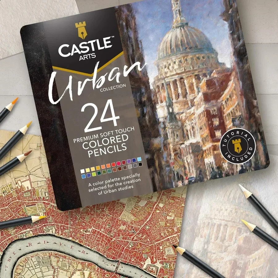 Набор 24-цветных карандашей Urban Sketching в жестяной коробке, гладкие пигментированные сердечники высшего качества, идеально подходящие для городской пейзаж