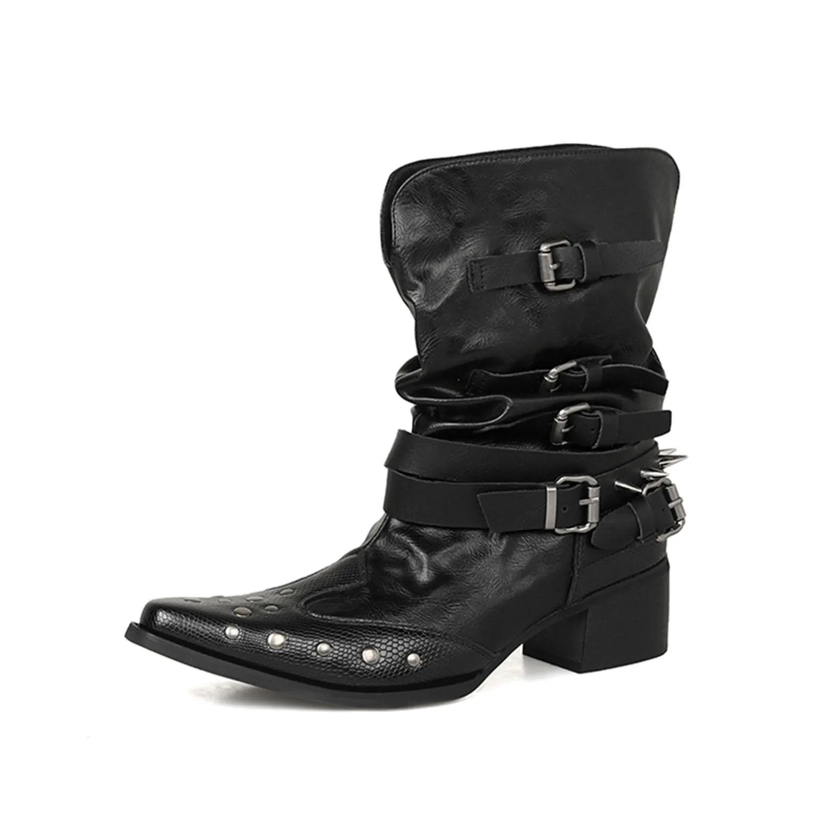 

Arden Furtado 2025 autumn winter cowhide Rivet Short boots Square toe Pull-on Middle heel Belt buckle Western boots Modern boots