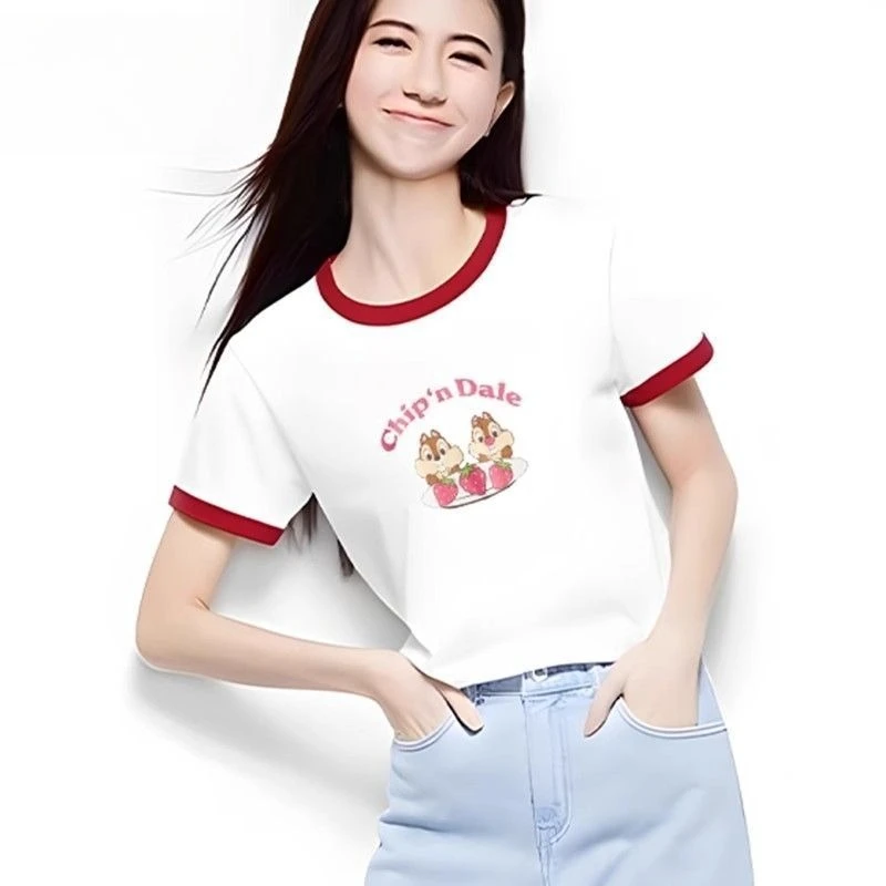 

Women's White Mickey Print T-shirt 2026 Summer, Crew Neck Color Block, 100% Cotton Loose Slim Fit Short Sleeve Casual Tops