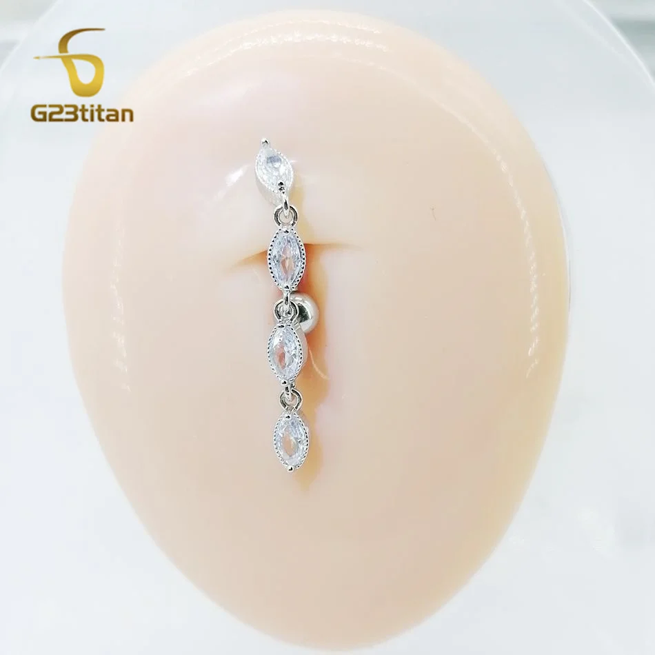 G23Titan Long Crystal Pendant Dangle Belly Button Rings Women Fashion Jewelry 14G Titanium Reverse Curved Barbell Navel Piercing