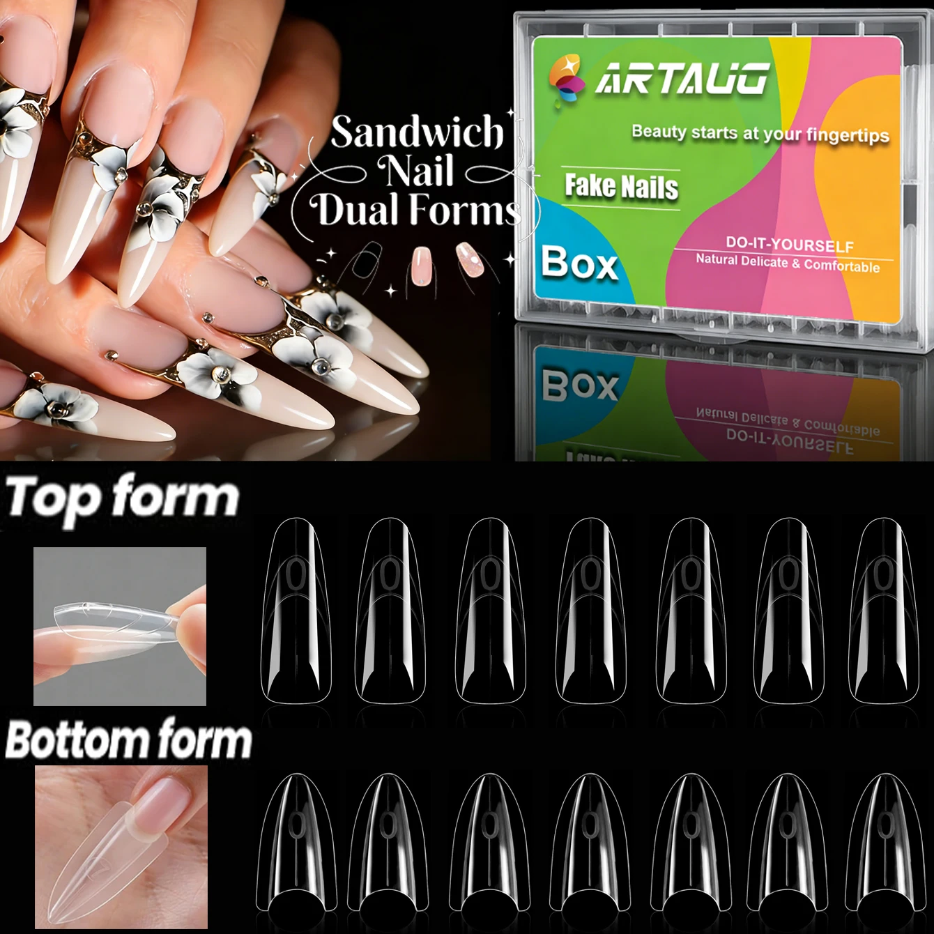 

180 шт. Накладные ногти-сэндвич с двойным дизайном, роскошные, белые, с цветочным узором, французский маникюр, длинные, типсы-стилеты, многоразовые, с двойными формами