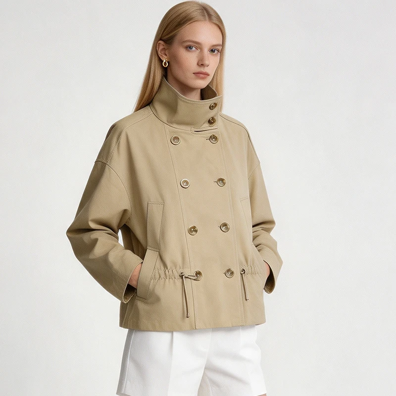 Women Stand Collar Windbreaker Vintage Double Breasted Drawstring Short Coat Casual Fashion Outerwear Jacket