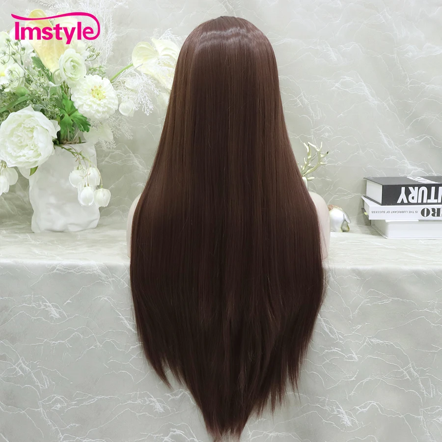 Imstyle Brown Wig Long Synthetic Lace Front Wig Straight Hair Cosplay Wig For Women Heat Resistant Fiber Daily Wigs