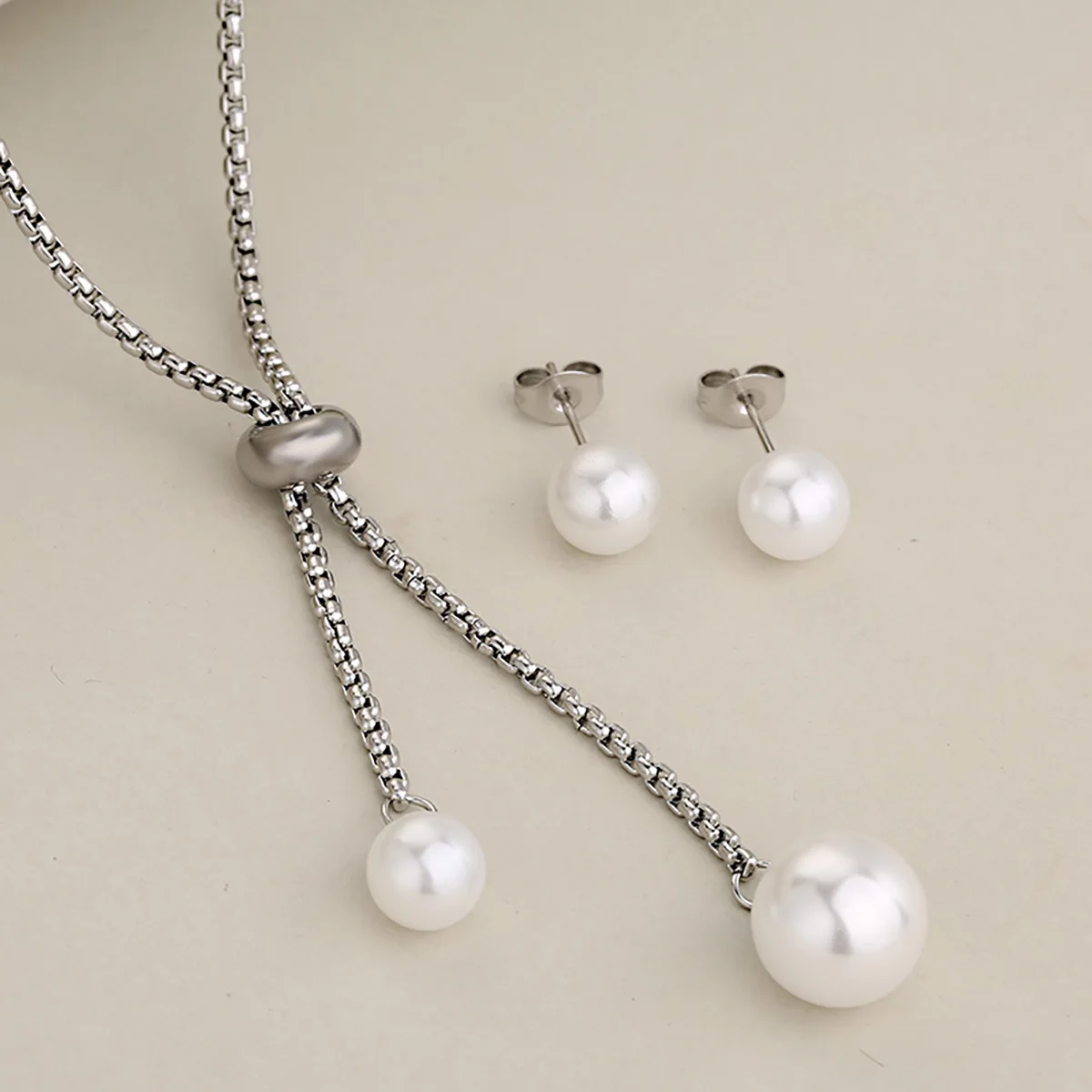 Simple & Exquisite Round Pearl Adjustable Square Pearl Pull Necklace Earrings Stainless Steel Set for Women, Daily All-Match