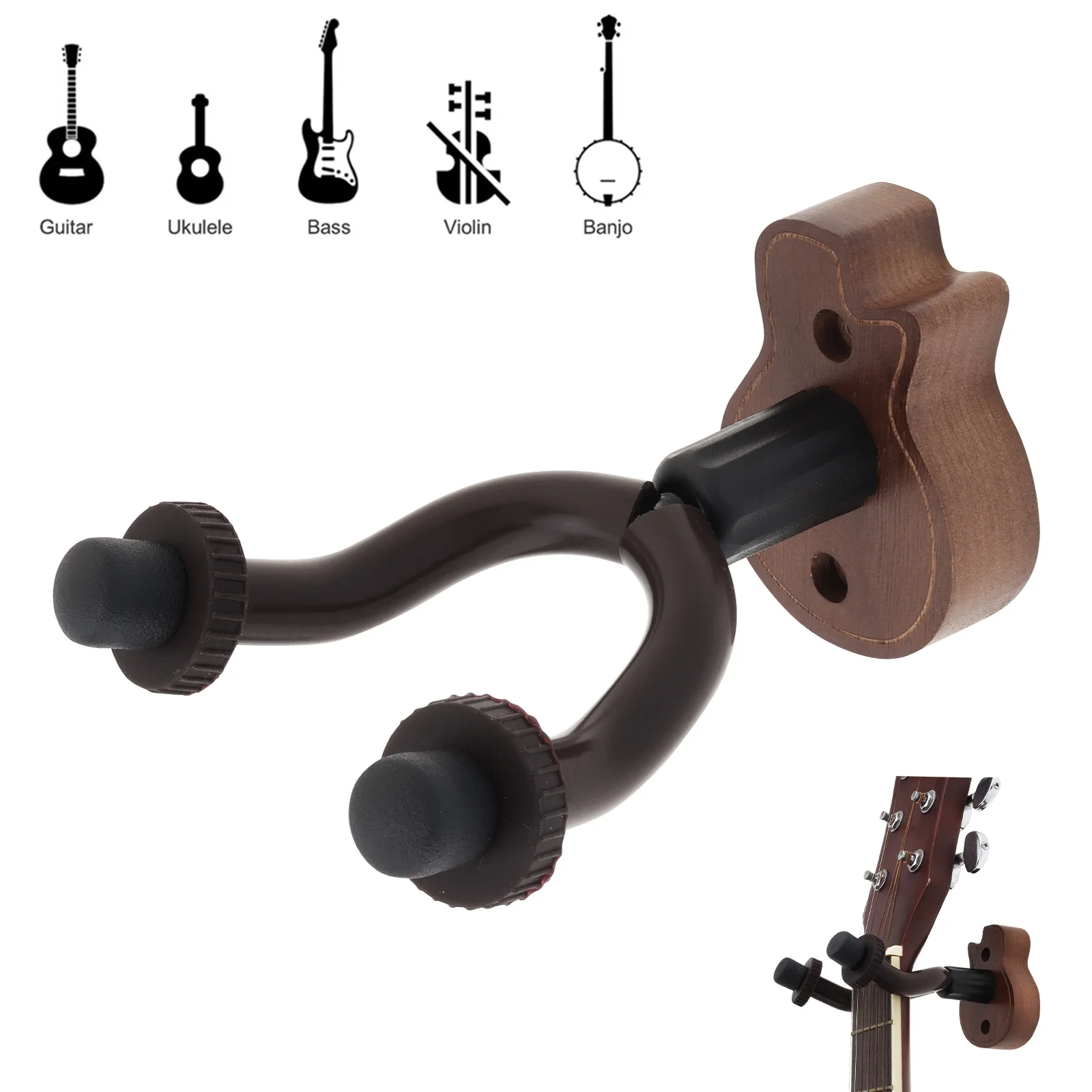 Wall Mount Black Walnut Base Guitar Hanger Hook for Guitar / Bass / String Instrument, Wood Guitar Shape Base Holder