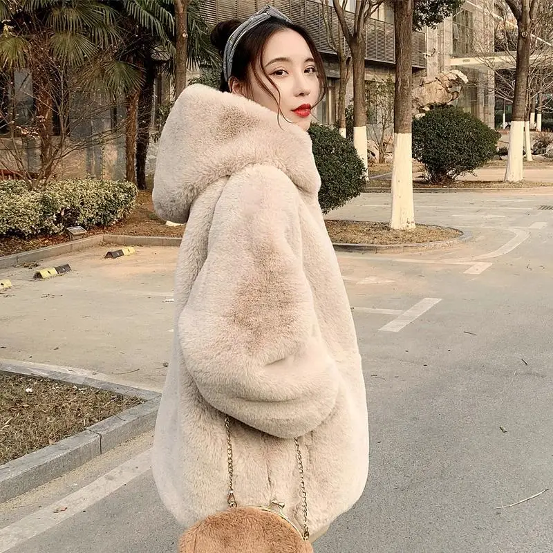 Manteau à capuche en fausse fourrure de lapin pour femme, avec fermeture éclair, ample, Version coréenne, en peluche, automne hiver 2022