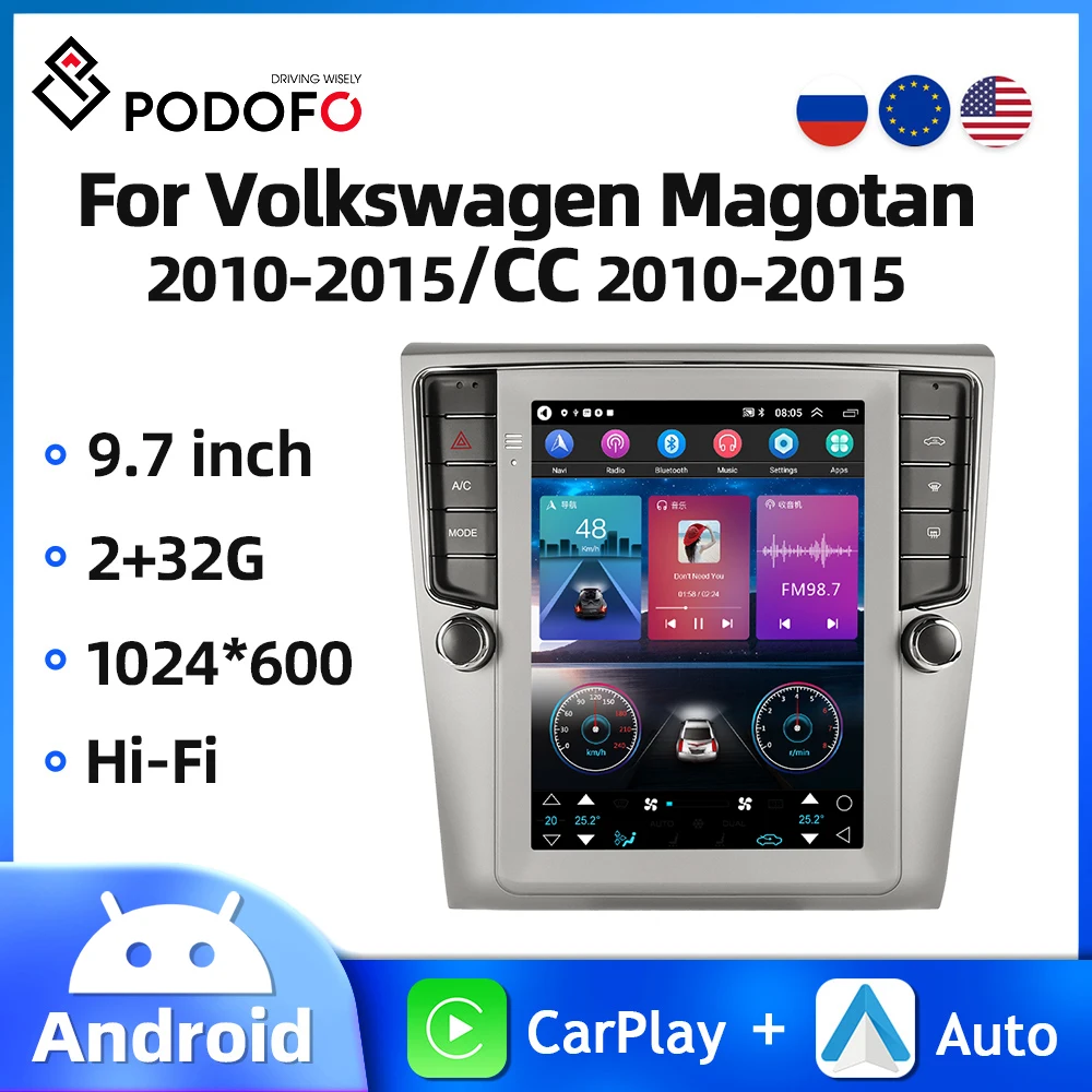 Podofo 9.7'' Vertical Screen Car Radio For Volkswagen Magotan 2010-2015/CC 2010-2015 Carplay Android Auto WIFI Multimedia Player