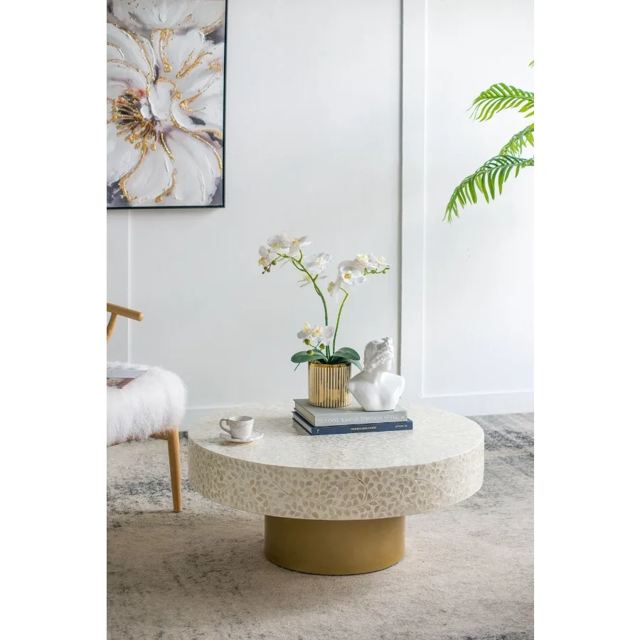 طاولة قهوة كابيز كريمية فريدة من نوعها مقاس 35 × 35 × 16 مع قاعدة ذهبية