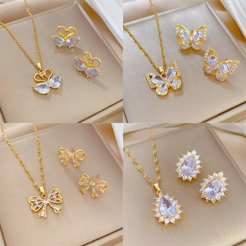 Light Luxury Swan Butterfly Zircon Jewelry Sets Stainless Steel Animal Pendant Necklace Earrings Party Gifts For Women Girls