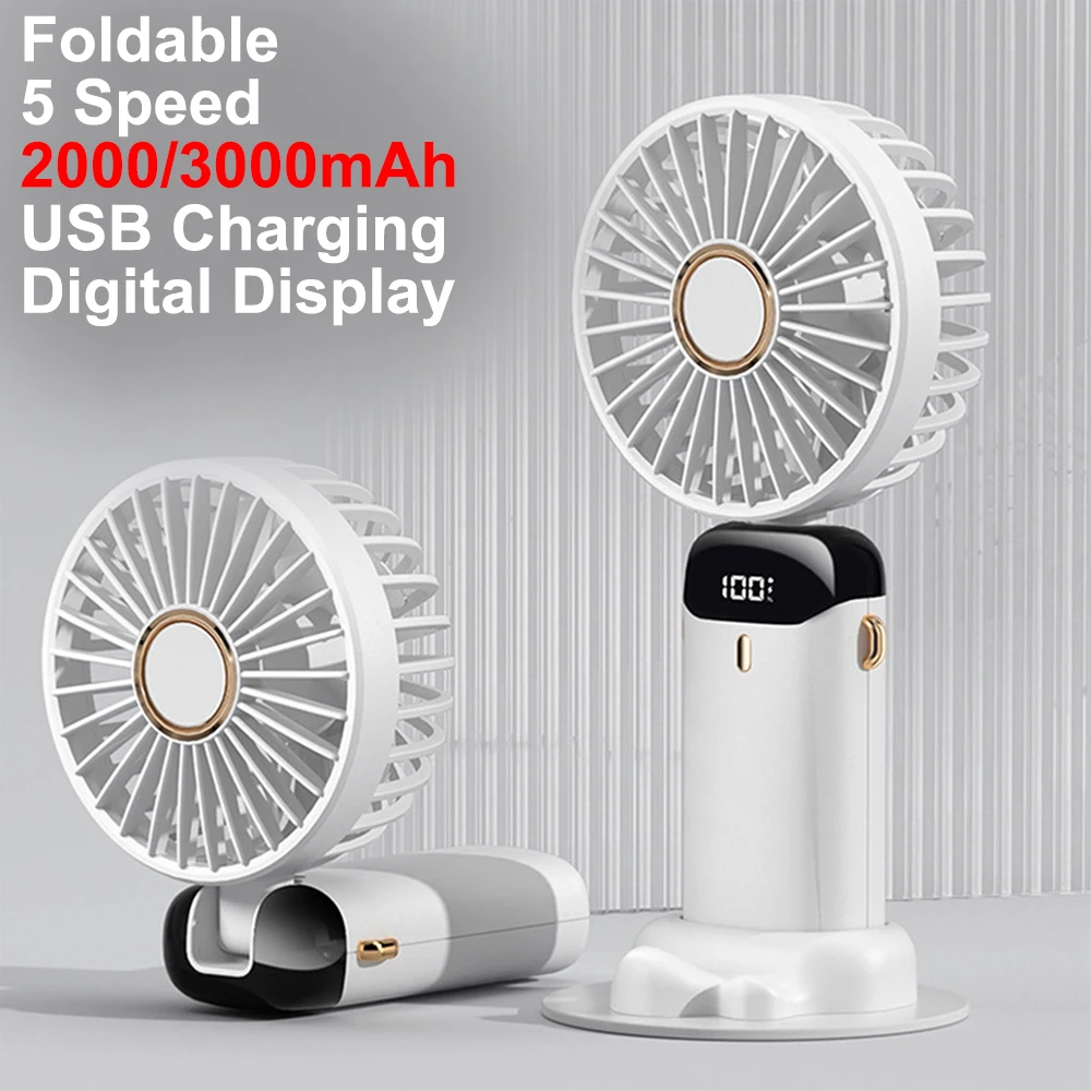 Handheld Mini Fan Foldable Portable Neck Hanging Fans 3000mAh 5 Speed USB Rechargeable Fan with Phone Stand and Display Screen