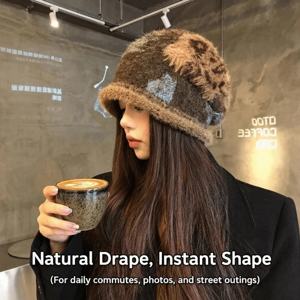 Ear Protection Muted Leopard Print Knit Hat Large Head Circumference Stretchy Vintage Hat 54-60CM Fuzzy Women Warm Cold Hat