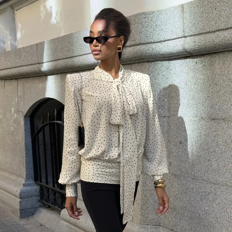 

Tsiisd Fashion Print Lace-Up T-Shirt Top For Women Puff Sleeve Elegant Office Lady Commute Streetwear Blouse 2026 New Female Top