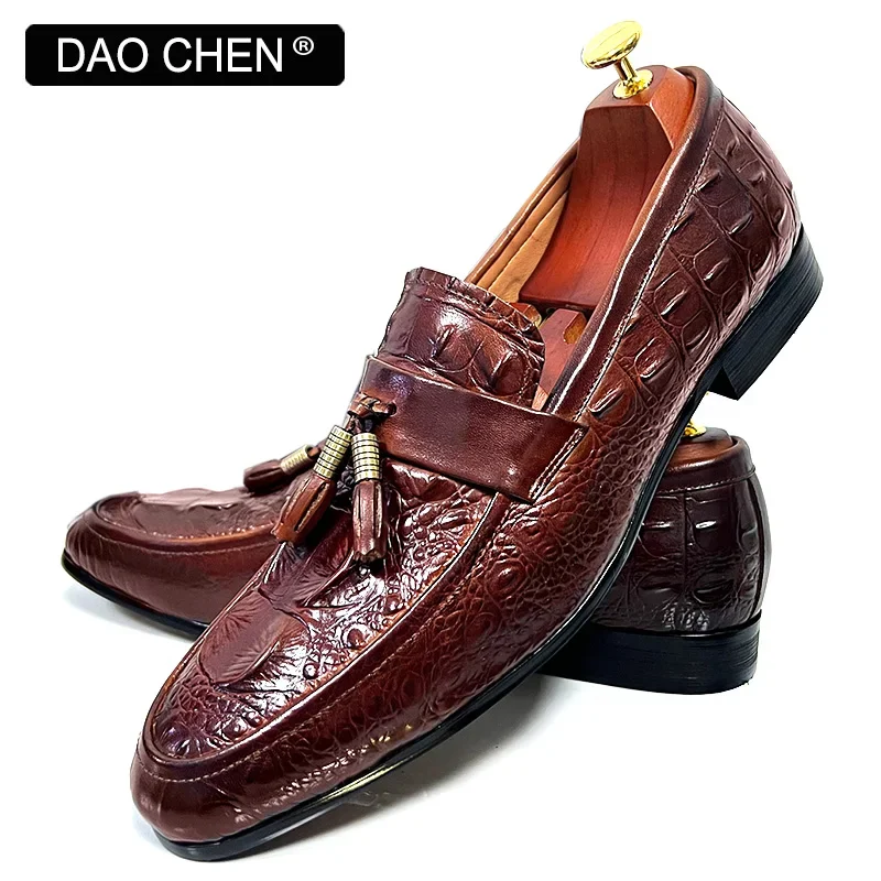 LUXURY MEN LEATHER SHOES BROWN SLIP ON CROCODILE PRINT TASSELS CASUAL DRESS MES SHOES WEDDING OFFICE BANQUET LOAFERS MEN