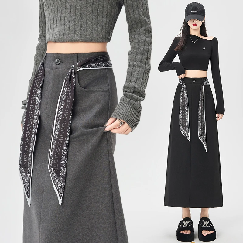 

Autumn High Waist Solid Color Slim Women Skirt Simple Basic Fashion Slit Woman Skirt Black Gray Casual Loose A-Line Skirt Female