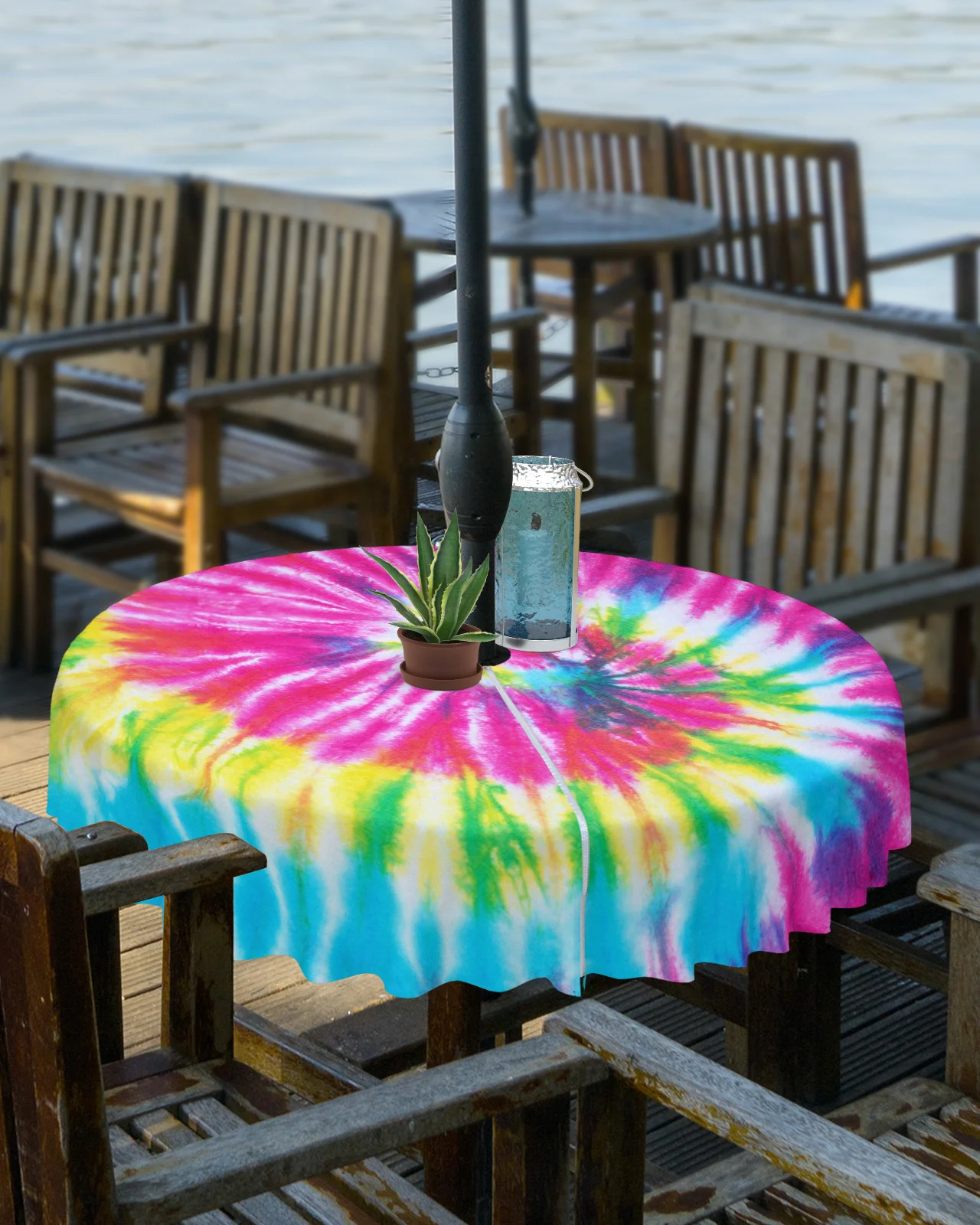 Rainbow Tie-Dye Color Ethnic Outdoor Tablecloth with Umbrella Hole Zippered Waterproof Picnic Patio Round Table Cover