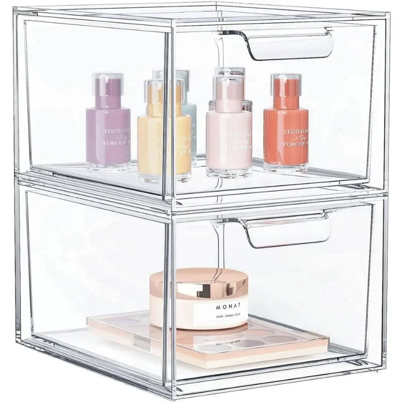 

Stackable Plastic Makeup Organizer Drawers Acrylic Organizers Clear Storage Bins with Pull-Out Handles for Vanity Makeup Tool