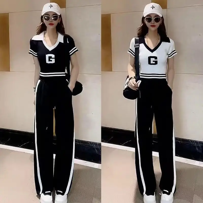 2023Fashion Casual Sports Suit Women\'s New Summer V-neck Short-sleeved T-shirt Contrast Color Wide Leg Pants Two-piece Set