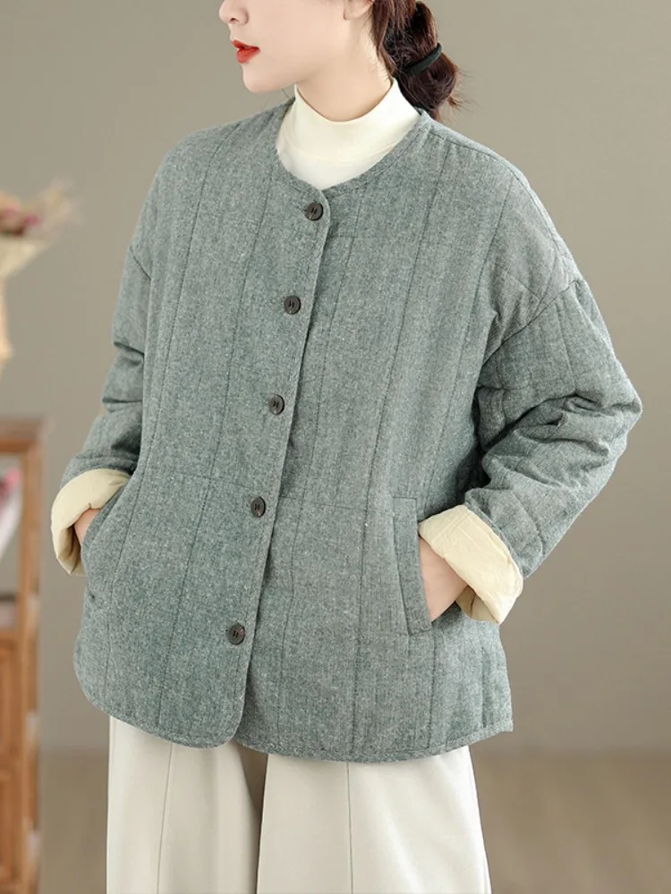 

Утепленная повседневная хлопковая куртка с круглым вырезом для женщин, легкое зимнее теплое хлопковое пальто для мам, однотонное, с льняными вставками