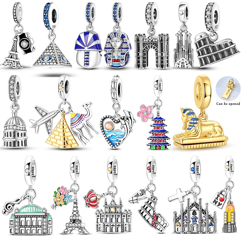 925 Sterling Silver Charms Bead CZ Zircon Theater Tower Architecture Series Pendants DIY Jewelry Woman Gift