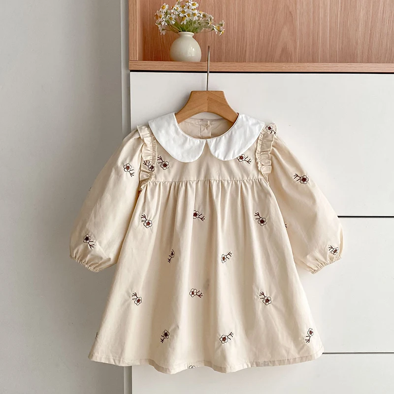 ملابس الخريف ملابس الأخت فتاة فستان الحفلات زهرة التطريز الدانتيل طوق الاطفال الأميرة الأسرة مطابقة فستان رومبير الطفل