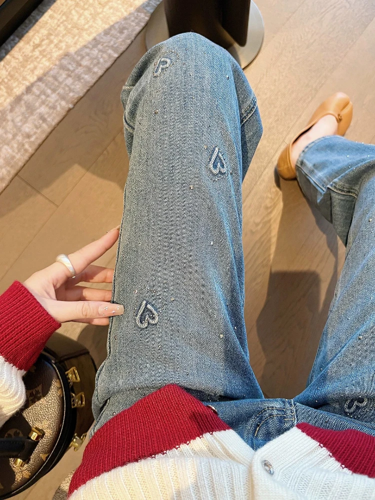Jeans Heart Embroidered Womens Autumn 2026 New Trendy High Waist Straight Casual Petite Wide Leg Loose Baggy Chic Trousers