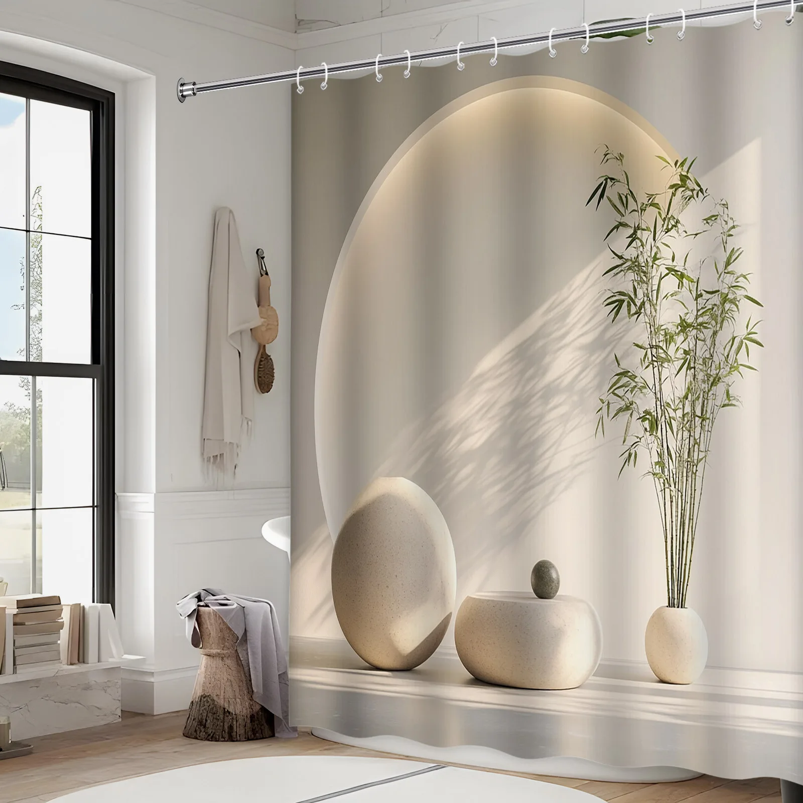 Minimalist Bamboo Stone Shower Curtain Modern Bathroom Decor Zen Inspired Design Natural Light Shadow Effect Waterproof Bath