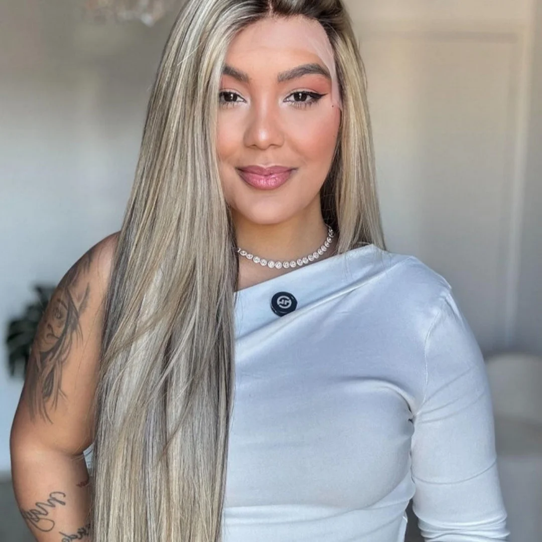 سهلة الصيانة أومبير الرماد شقراء HD غير مرئية الدانتيل الجبهة شعر مستعار اصطناعي مع جذور داكنة للنساء شعر مستعار طويل طبيعي مستقيم