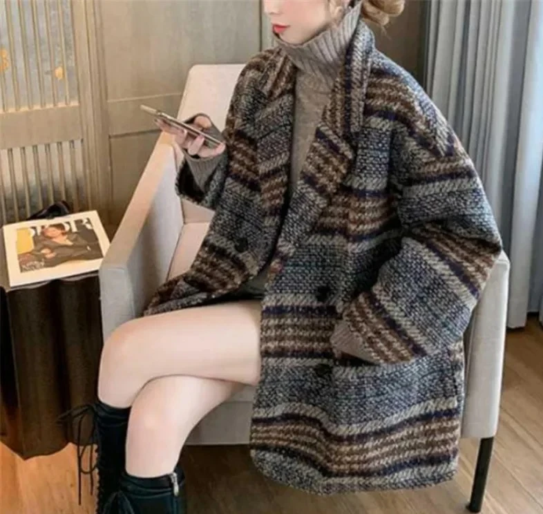 

Новое поступление, осенне-зимняя модная шерстяная куртка в клетку средней длины в корейском стиле, женское миниатюрное грубое твидовое пальто