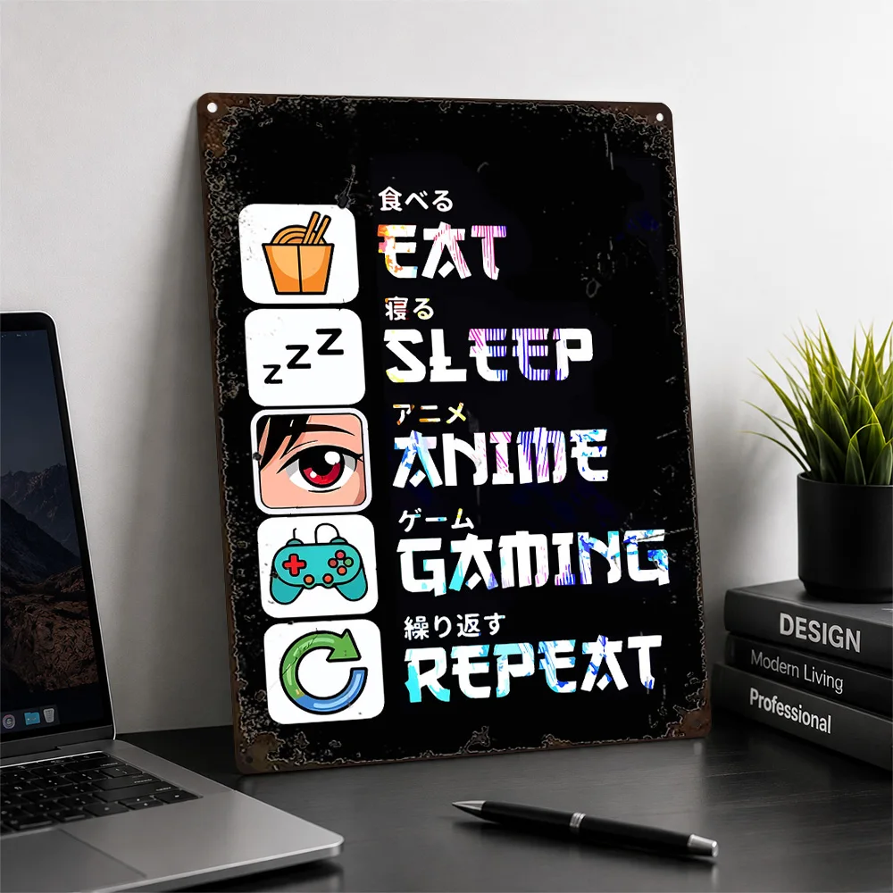 Eat Sleep Anime Gaming Repeat Textured Metal Poster Typography Wall Art For Bedroom Personalized Aluminum Sign Collector Gift