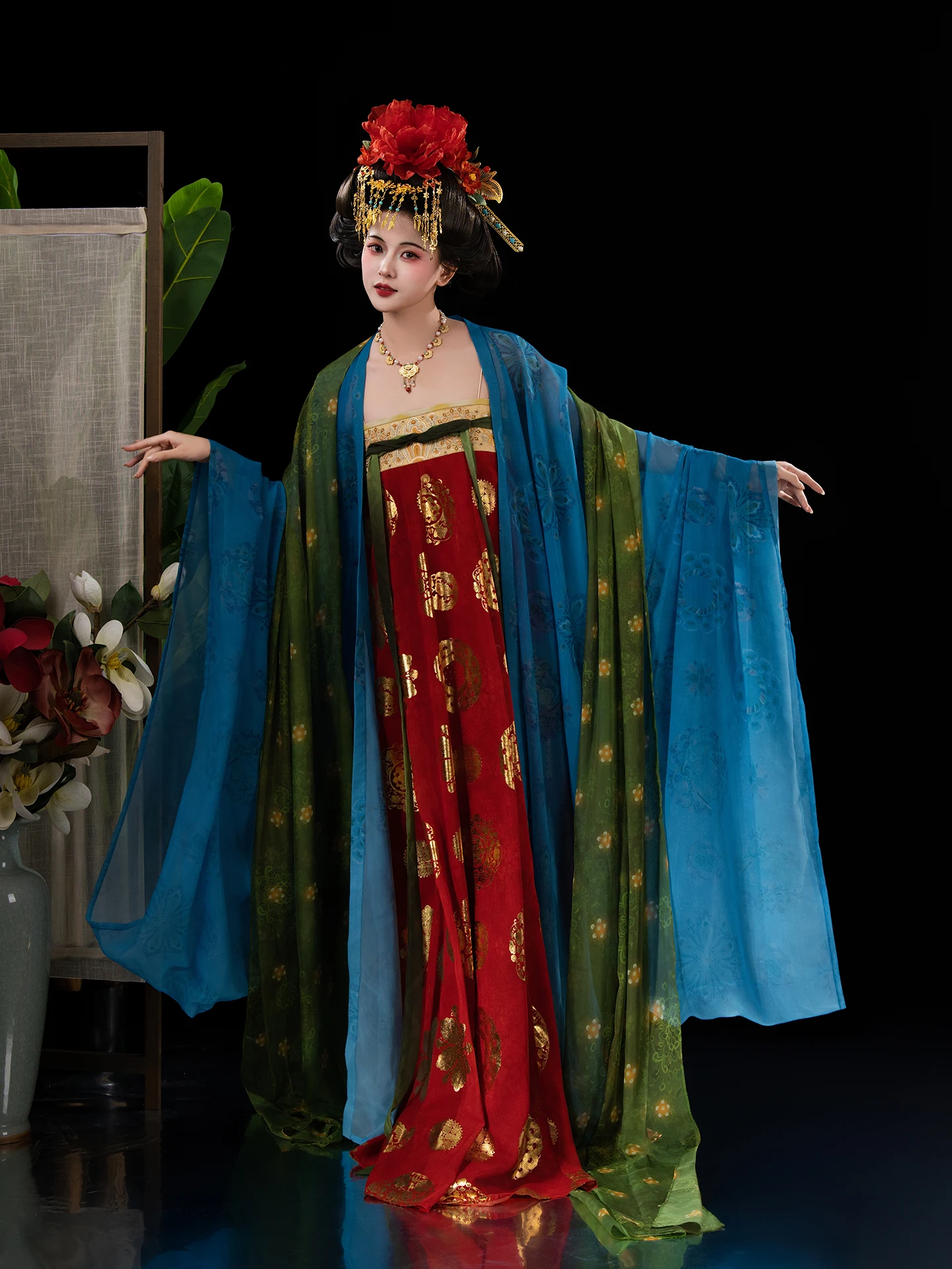 

anchi Hanfu Tang Dynas Sle Svel Girl Spring Summer Polyester Fiber Large Sve Robe Ensemble