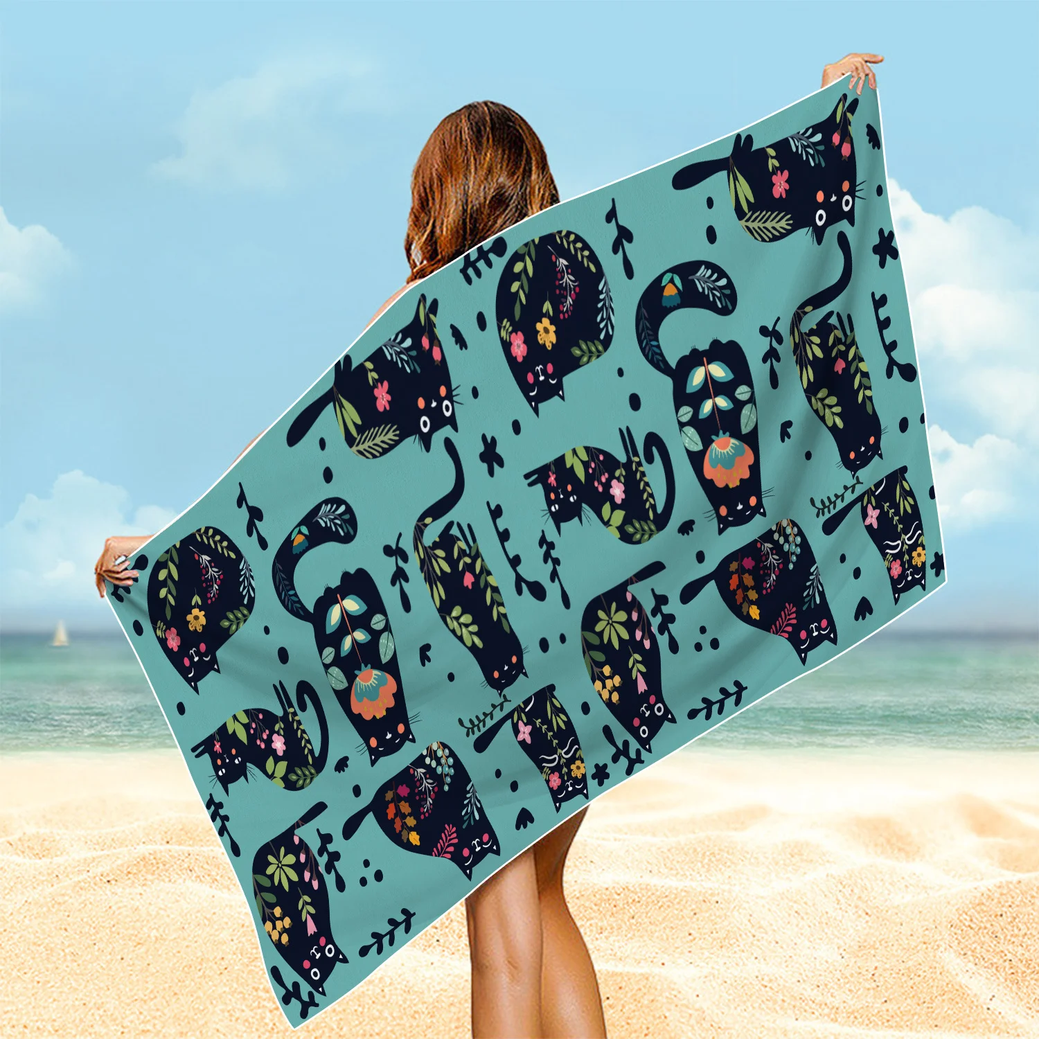 Colorful Floral Cats Beach Towel Patterned Sunscreen And Windproof Suitable For Swimming Pool Camping Travel Blanket