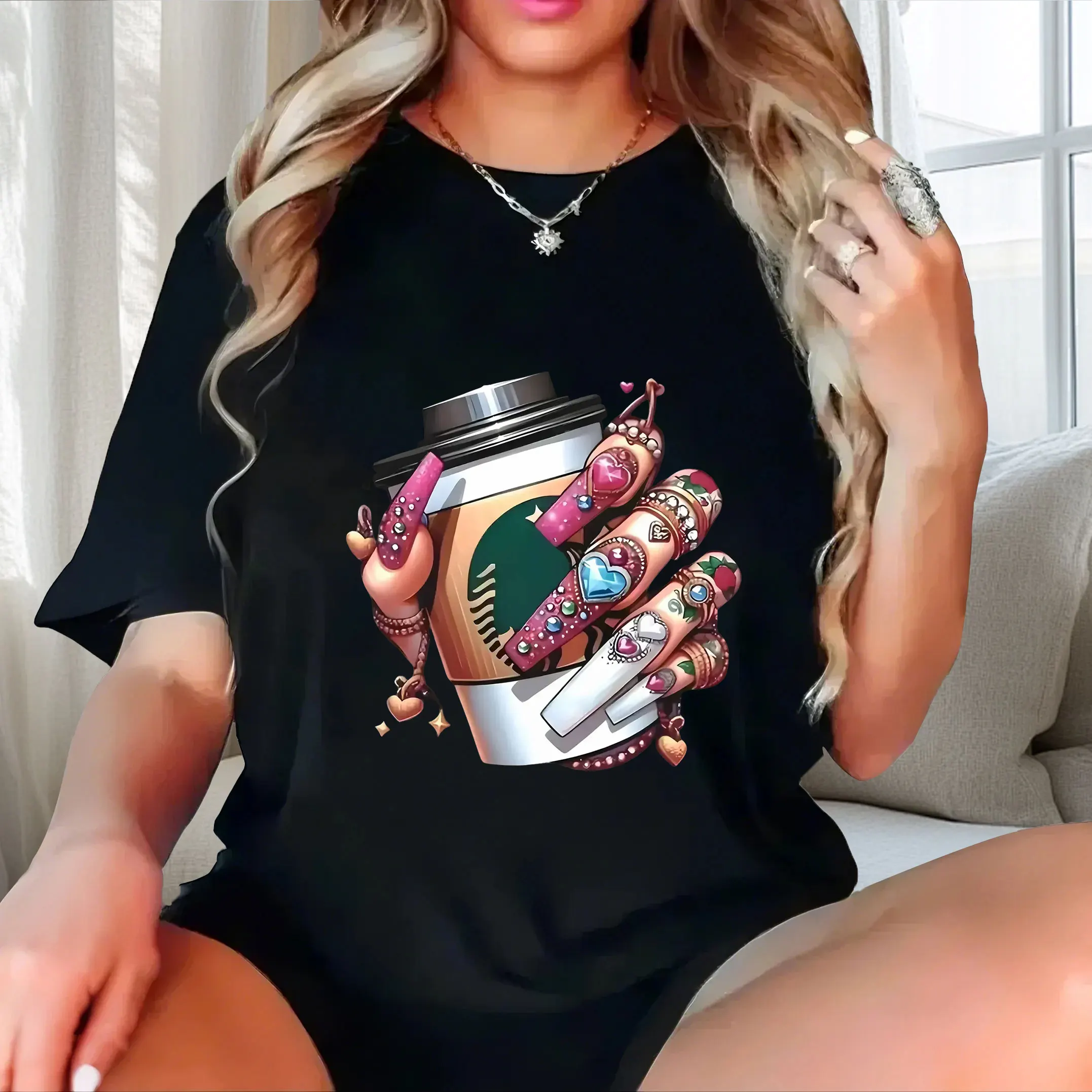 

Cartoon pattern printing plus size Ladies' casual short sleeved T-shirt black
