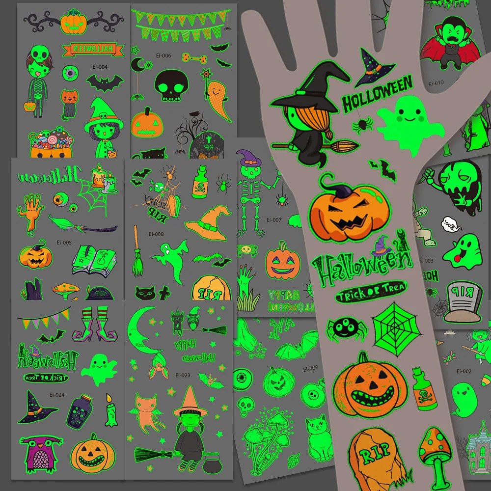 24 Sheets Luminous Halloween Temporary Tattoos, Glow in the Dark Pumpkins Ghosts Spider Pattern, Halloween Party Favors Supply