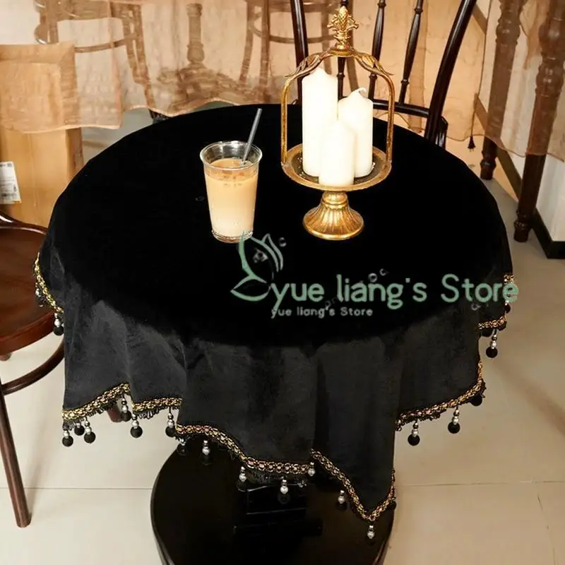 Vintage Black Tassel Dining Table Fabric Small Round Table Rectangular Coffee Table Cloth Cover European Light Luxury Tablecloth