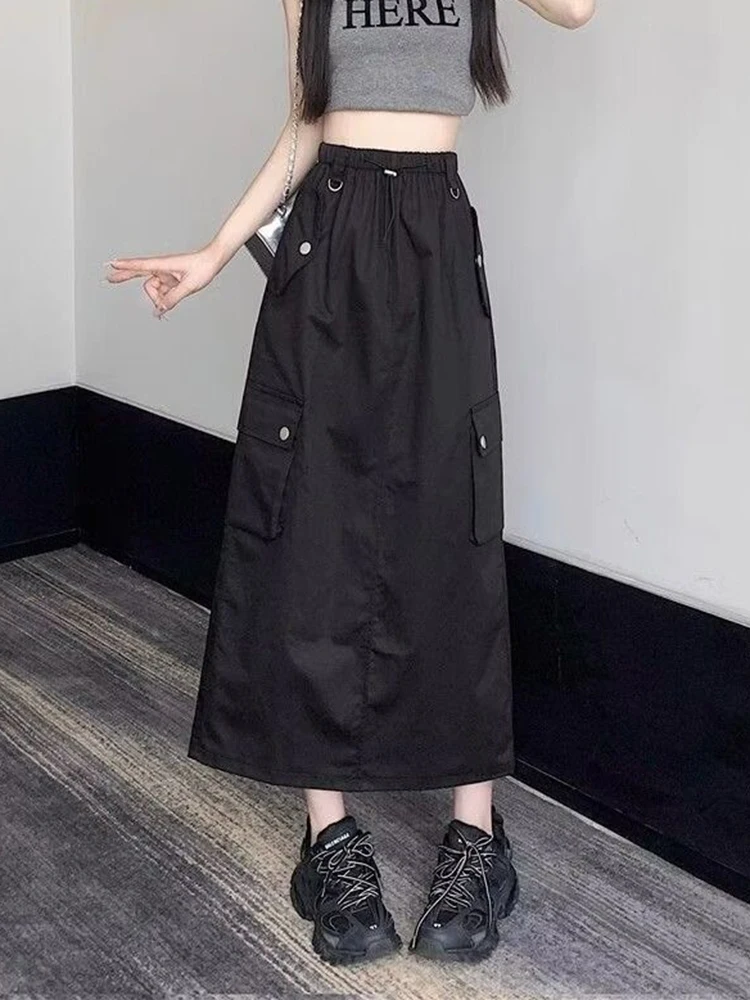 Zoki Y2K Retro Cargo Skirt Women High Waist American Streetwear Midi Skirts Harajuku Hip Hop Lady Drawstring All Match Skirt New