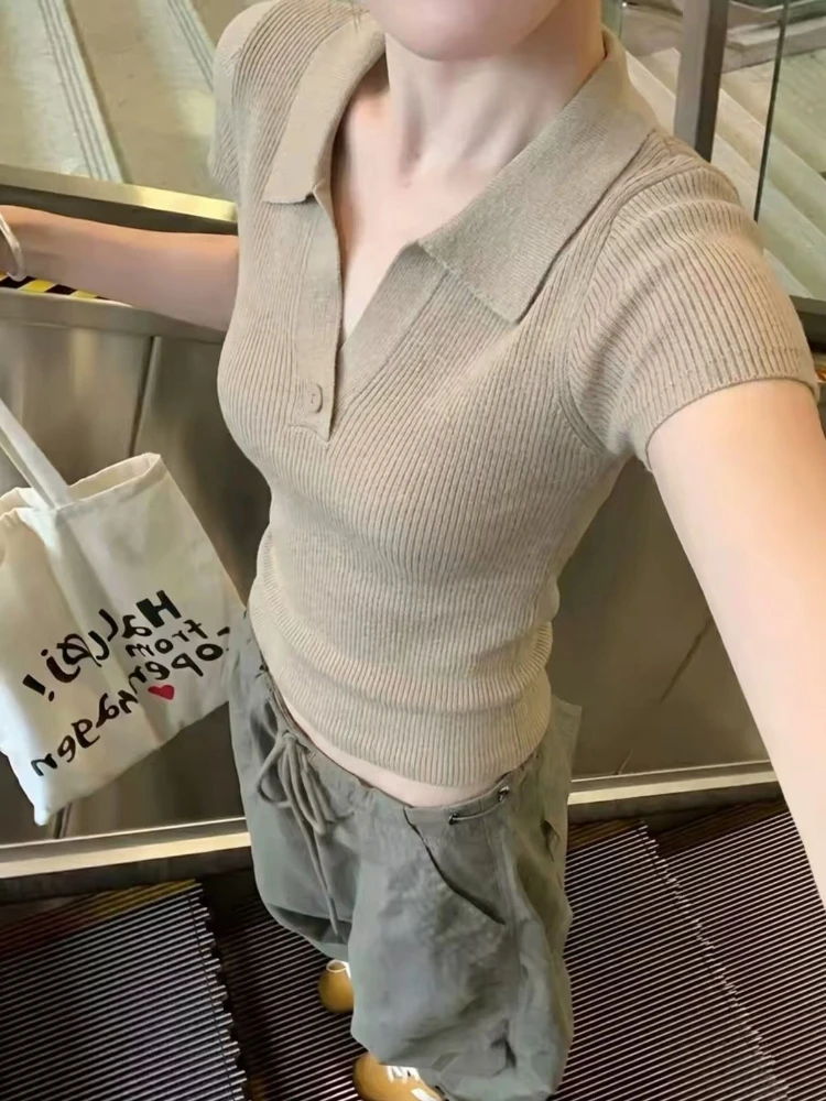 Women's 2026 Summer Old Money Coffee Brown Polo Collar Knit Short Sleeve Top Slim Fit Elegant Korean Chic Vintage