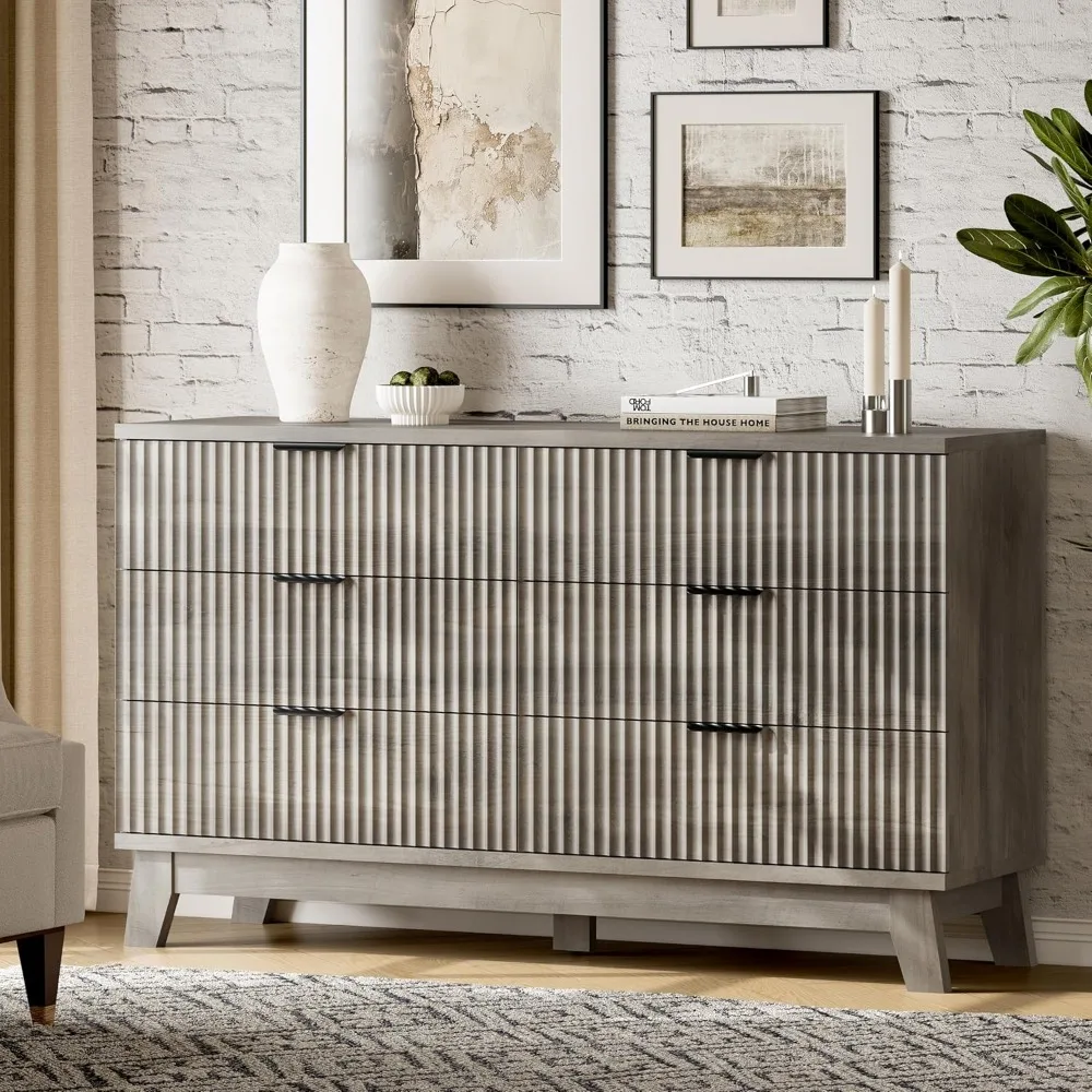 Exquisite Fluted Dresser with 6 Drawers, 54 Wide Modern Chest of Drawers with Metal Handle, Wooden Dresser TV Stand, Wood Closet