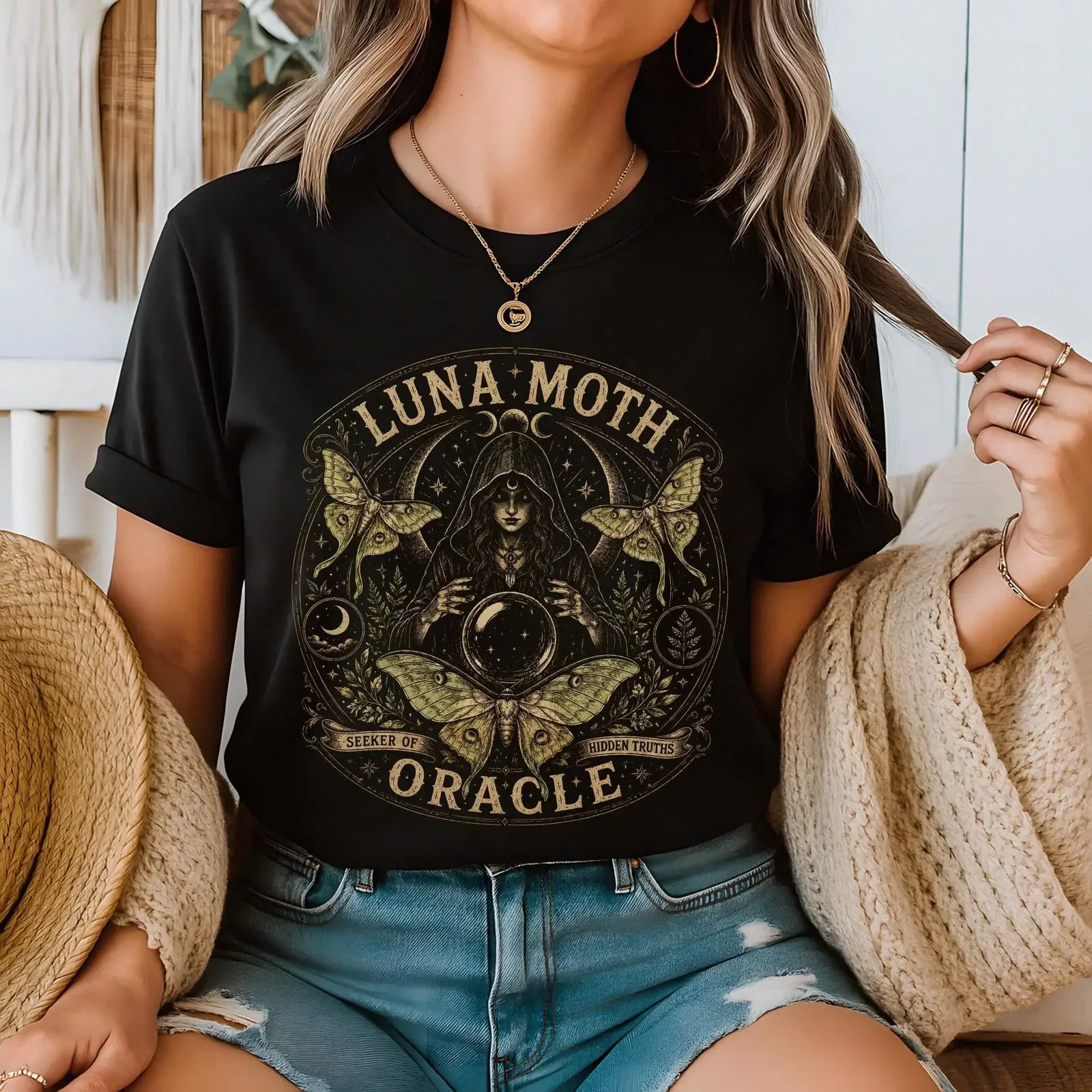 Luna Moth Oracle T Shirt Lunar Witch Moon Magic Mystic Occult Gothic Nature Witchy  vintage Washed Unisex Top For Everyday Wear