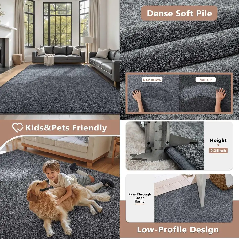 

6x9 Washable Area Rugs for Bedroom and Living Room, Low Pile Thin Design, Solid Color, Non-Slip Indoor Carpet for Home Decor