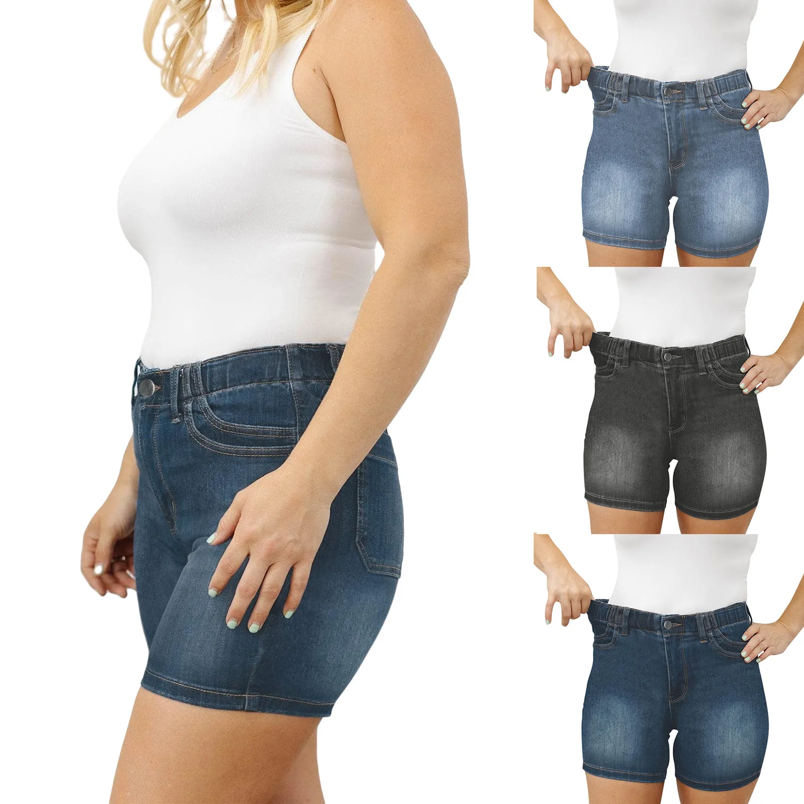 Traf-Short taille haute élastique pour femme, short en jean décontracté mi-long, jean extensible avec double poches AdTosDouble, 2024