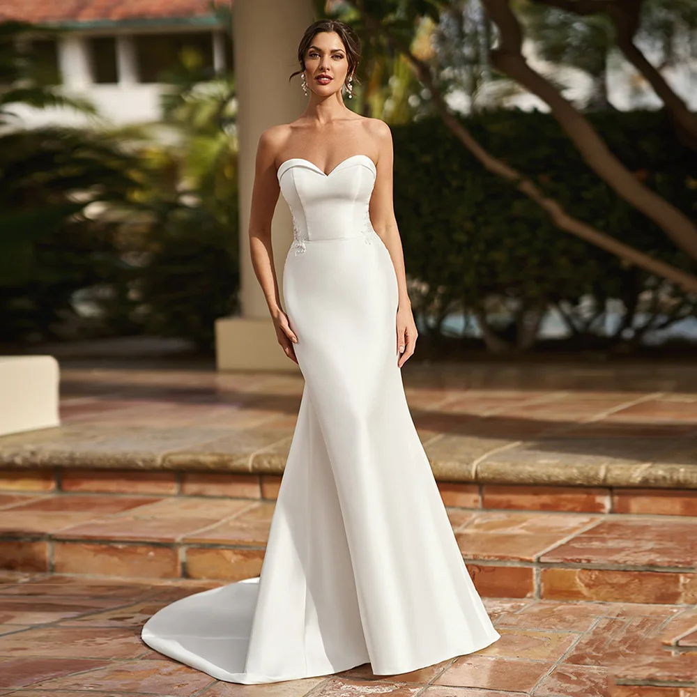 Robe de mariée sirène en satin avec appliques au dos et fermeture éclair, robe élégante pour les patients, train de balayage, trompent, boutons