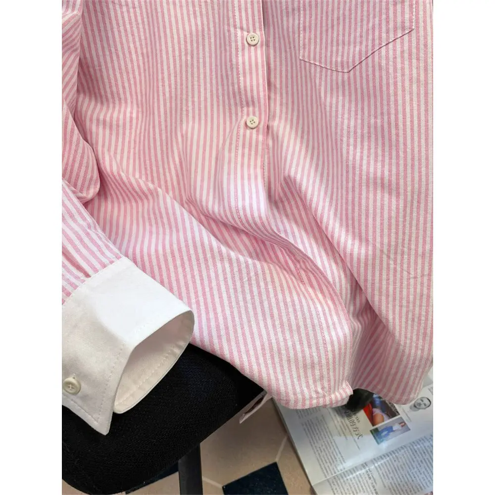 การออกแบบ Sensual สีชมพูลายเสื้อแขนยาวผู้หญิงฤดูใบไม้ผลิสีตัดกันเสื้อโปโลอเนกประสงค์อารมณ์ TOP