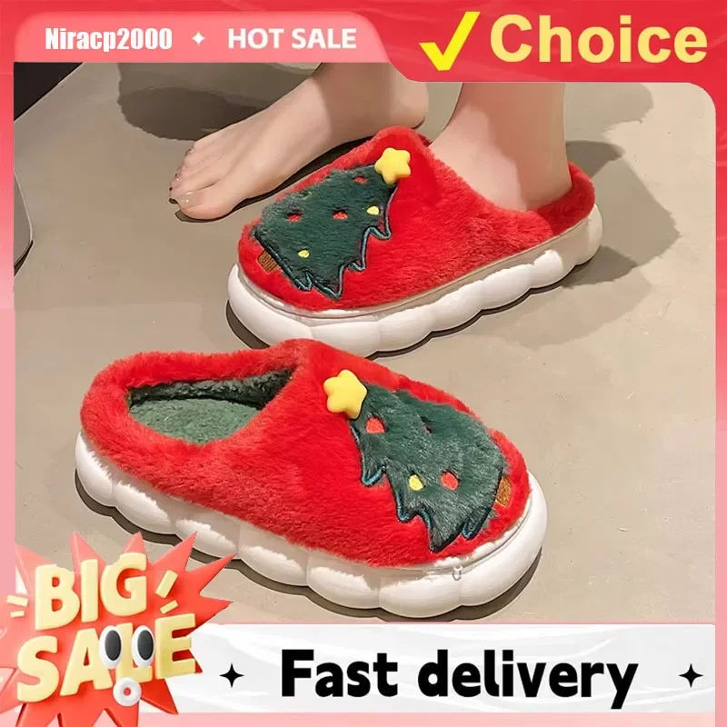 

Хлопковые тапочки с декором рождественской елки, женские домашние теплые толстые плюшевые шлепанцы на платформе, женские удобные нескользящие мягкие пушистые меховые тапочки