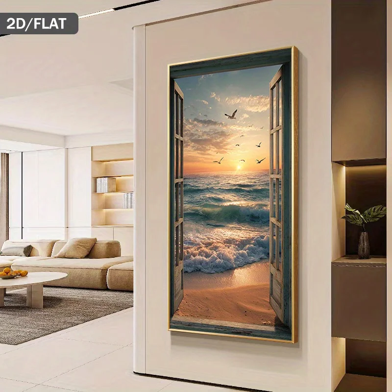 

2D/Flat Abstract Beach Sunset Sea View Window Pane Canvas Painting - Frameless Modern Neutral Wall Art for Living Room Decortion
